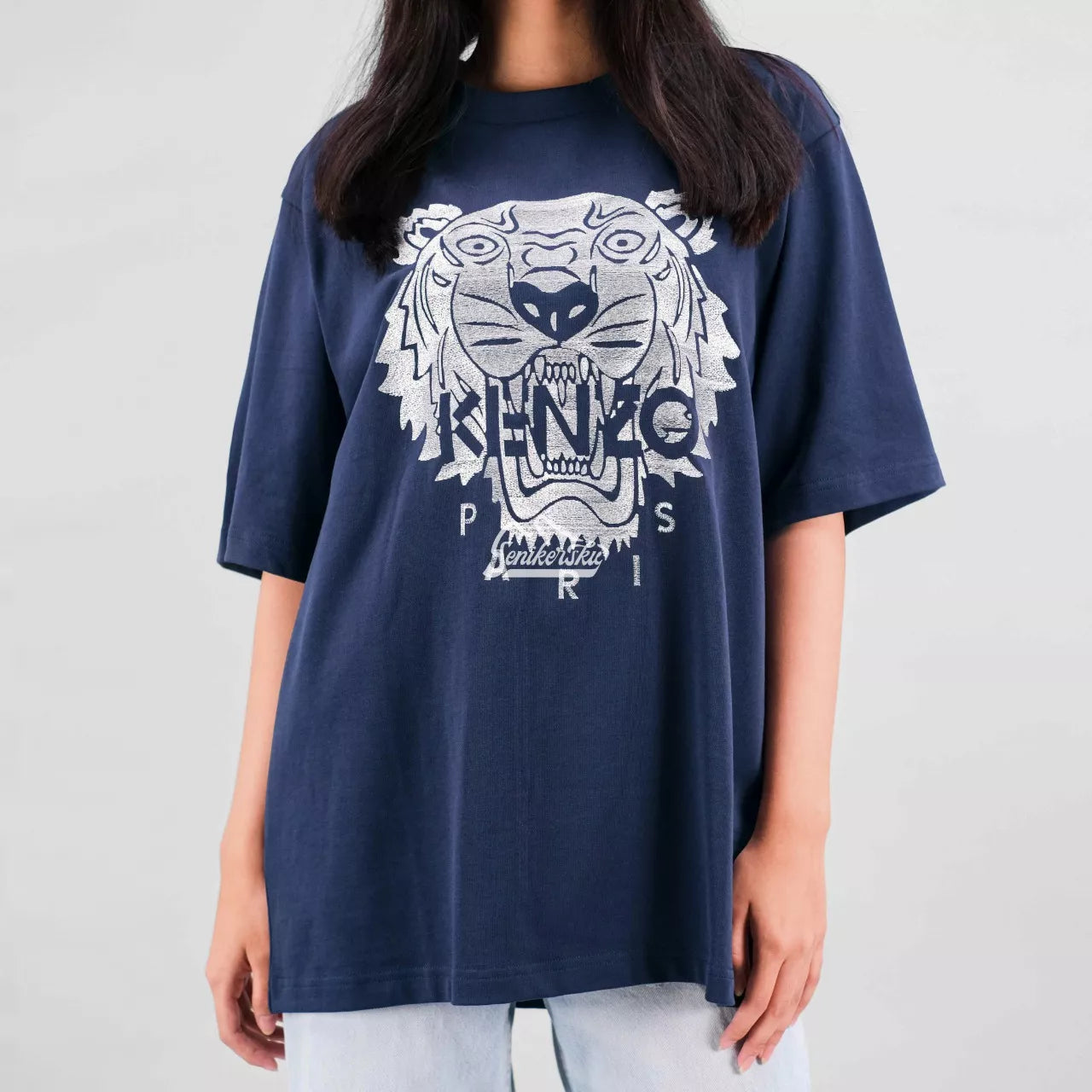 Kenzo Silver Embroidered Tiger T-shirt (Navy Blue)
